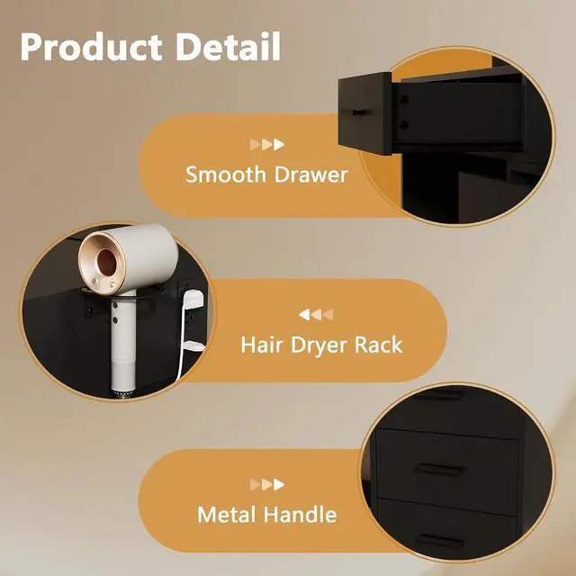 Alt view image 6 of 7 - Makeup Vanity Desk with Mirror and Power Outlet, Vanity with 3 Color Light Options Adjustable Brightness, Vanity Table with 5 Drawers, 6 Storage Shelves, Nightstands (Black)