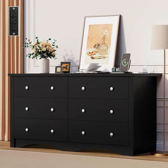 Main image of 6 Drawer Dresser with Power Outlet, Modern Wooden Chest of Drawers, Multipurpose TV Stand & Closet for Bedroom, Living Room, Hallway (Black)