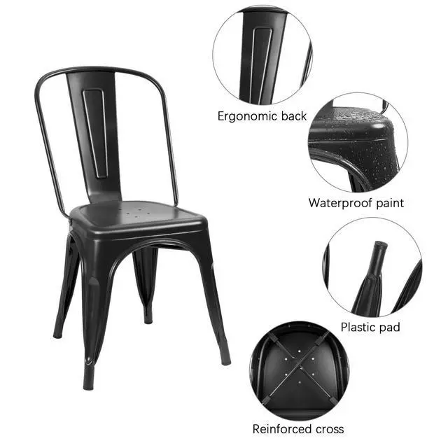Alt view image 7 of 7 - Metal Dining Chairs Indoor-Outdoor Use Stackable Side Chairs with Back Industrial Kitchen Classic Trattoria Chair Set of 4 (Black)