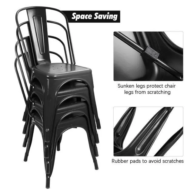 Alt view image 6 of 7 - Metal Dining Chairs Indoor-Outdoor Use Stackable Side Chairs with Back Industrial Kitchen Classic Trattoria Chair Set of 4 (Black)