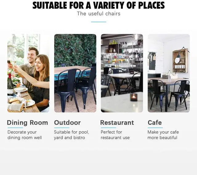 Alt view image 4 of 7 - Metal Dining Chairs Indoor-Outdoor Use Stackable Side Chairs with Back Industrial Kitchen Classic Trattoria Chair Set of 4 (Black)