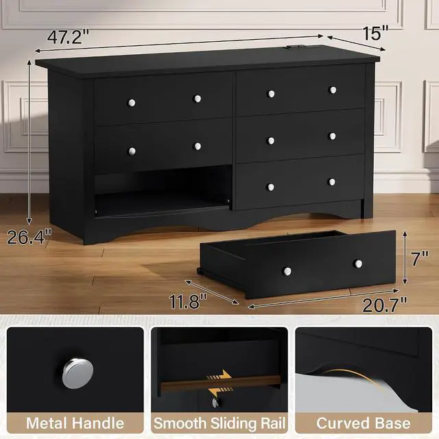 Alt view image 2 of 7 - 6 Drawer Dresser with Power Outlet, Modern Wooden Chest of Drawers, Multipurpose TV Stand & Closet for Bedroom, Living Room, Hallway (Black)