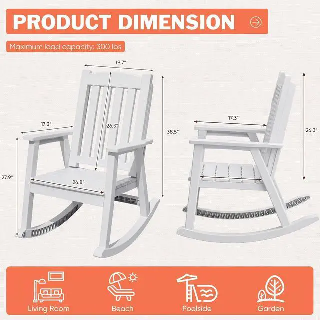 Alt view image 3 of 7 - Outdoor Rocking Chairs, PP Material Patio Rocking Chairs All Weather Resistant, Heavy Duty Rockers with High Back for Patio Backyard Porch (White)