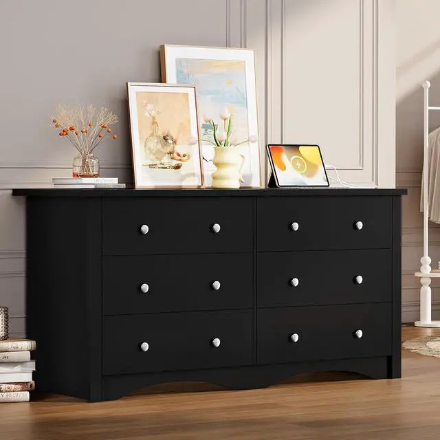 Alt view image 5 of 7 - 6 Drawer Dresser with Power Outlet, Modern Wooden Chest of Drawers, Multipurpose TV Stand & Closet for Bedroom, Living Room, Hallway (Black)