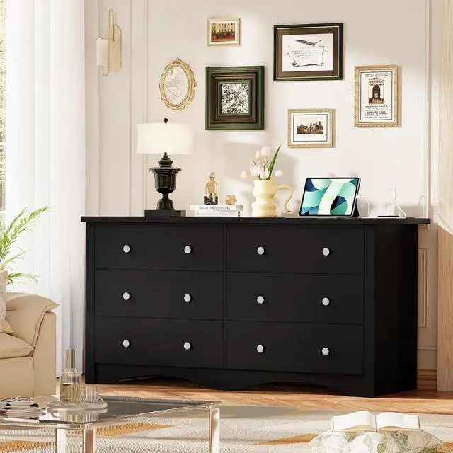 Alt view image 6 of 7 - 6 Drawer Dresser with Power Outlet, Modern Wooden Chest of Drawers, Multipurpose TV Stand & Closet for Bedroom, Living Room, Hallway (Black)