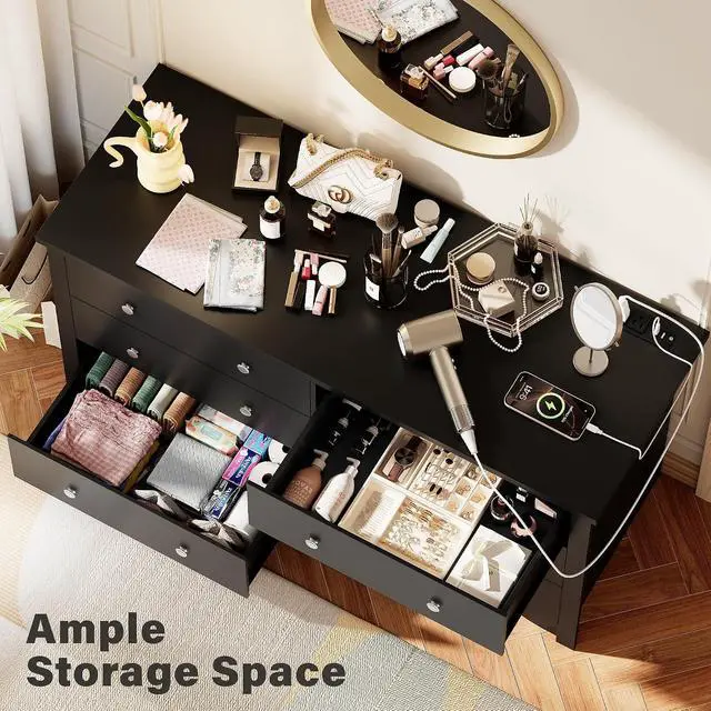 Alt view image 3 of 7 - 6 Drawer Dresser with Power Outlet, Modern Wooden Chest of Drawers, Multipurpose TV Stand & Closet for Bedroom, Living Room, Hallway (Black)