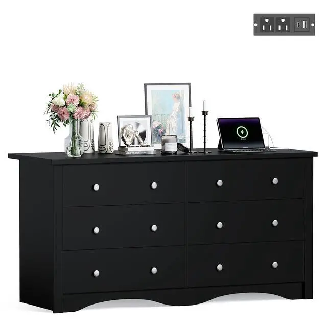 Alt view image 7 of 7 - 6 Drawer Dresser with Power Outlet, Modern Wooden Chest of Drawers, Multipurpose TV Stand & Closet for Bedroom, Living Room, Hallway (Black)