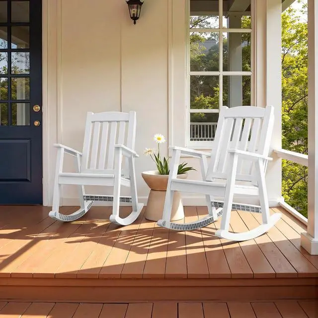 Alt view image 4 of 7 - Outdoor Rocking Chairs, PP Material Patio Rocking Chairs All Weather Resistant, Heavy Duty Rockers with High Back for Patio Backyard Porch (White)