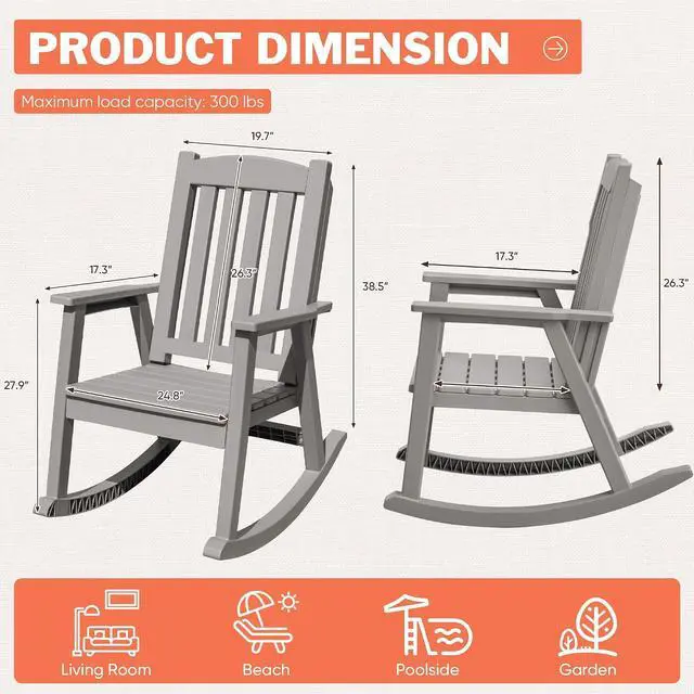 Alt view image 3 of 7 - Outdoor Rocking Chairs, PP Material Patio Rocking Chairs All Weather Resistant, Heavy Duty Rockers with High Back for Patio Backyard Porch (Light Brown)