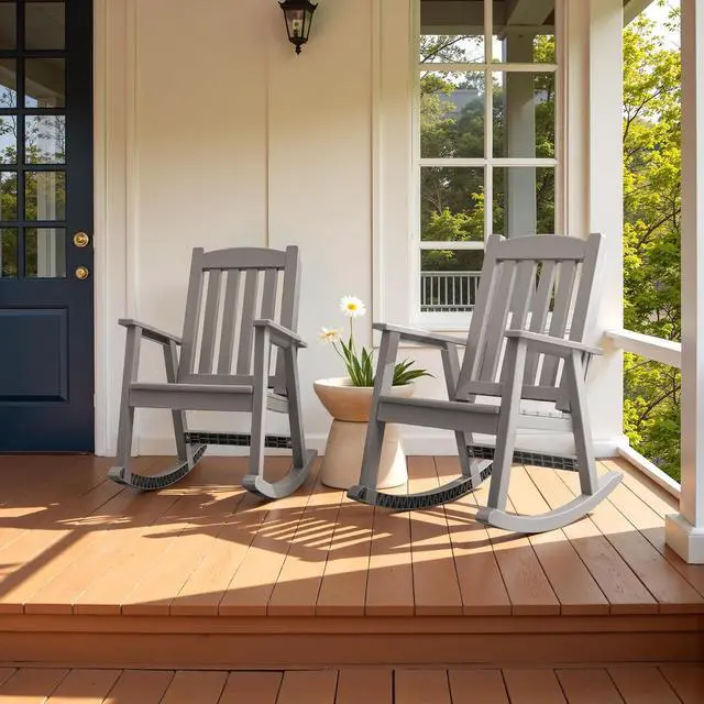 Alt view image 4 of 7 - Outdoor Rocking Chairs, PP Material Patio Rocking Chairs All Weather Resistant, Heavy Duty Rockers with High Back for Patio Backyard Porch (Light Brown)