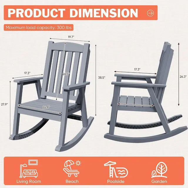 Alt view image 3 of 7 - Outdoor Rocking Chairs, PP Material Patio Rocking Chairs All Weather Resistant, Heavy Duty Rockers with High Back for Patio Backyard Porch (Gray)