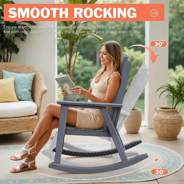 Alt view image 5 of 7 - Outdoor Rocking Chairs, PP Material Patio Rocking Chairs All Weather Resistant, Heavy Duty Rockers with High Back for Patio Backyard Porch (Gray)