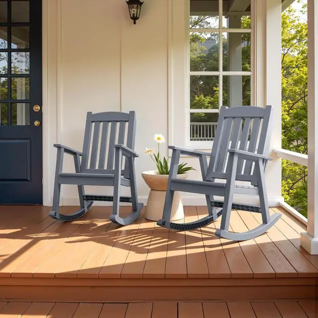 Alt view image 4 of 7 - Outdoor Rocking Chairs, PP Material Patio Rocking Chairs All Weather Resistant, Heavy Duty Rockers with High Back for Patio Backyard Porch (Gray)