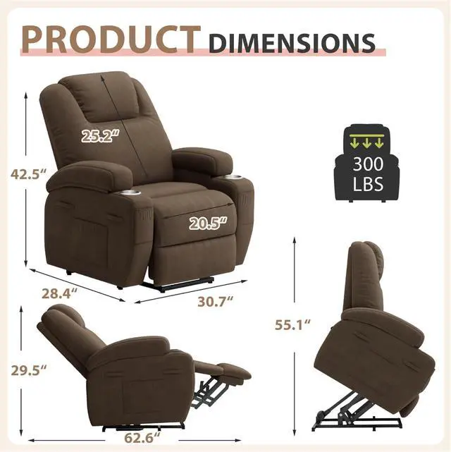 Alt view image 3 of 7 - Power Lift Recliner Chair (Fabric, Brown)