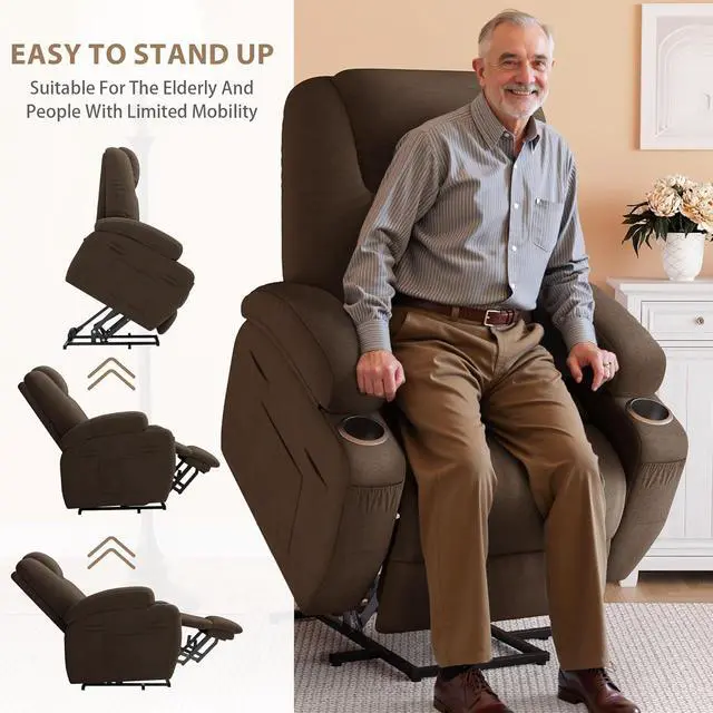 Alt view image 4 of 7 - Power Lift Recliner Chair (Fabric, Brown)