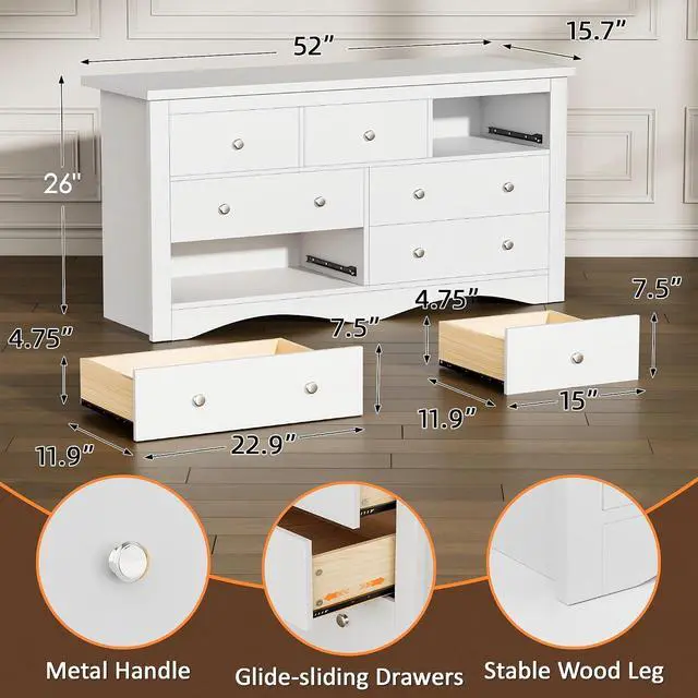 Alt view image 2 of 7 - Dresser for Bedroom, 7 Drawer Dresser, Wood Dressers, Wide Chest of Drawer, Storage Drawers, Black Storage Organizer for Closet, Hallway (White)