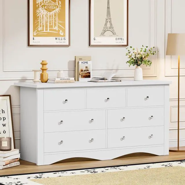 Alt view image 5 of 7 - Dresser for Bedroom, 7 Drawer Dresser, Wood Dressers, Wide Chest of Drawer, Storage Drawers, Black Storage Organizer for Closet, Hallway (White)