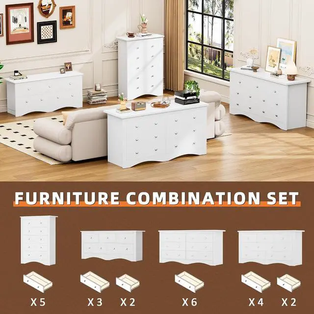 Alt view image 7 of 7 - Dresser for Bedroom, 7 Drawer Dresser, Wood Dressers, Wide Chest of Drawer, Storage Drawers, Black Storage Organizer for Closet, Hallway (White)