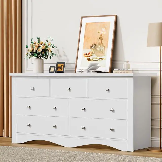 Alt view image 6 of 7 - Dresser for Bedroom, 7 Drawer Dresser, Wood Dressers, Wide Chest of Drawer, Storage Drawers, Black Storage Organizer for Closet, Hallway (White)