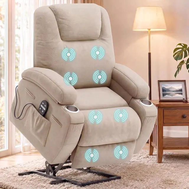 Main image of Power Lift Chair Massage Recliner Chairs for Elderly - Ergonomic Design with Cup Holders & Side Pockets, Remote Control (Beige)