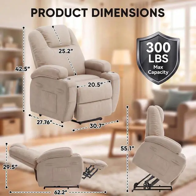 Alt view image 2 of 7 - Power Lift Chair Massage Recliner Chairs for Elderly - Ergonomic Design with Cup Holders & Side Pockets, Remote Control (Beige)