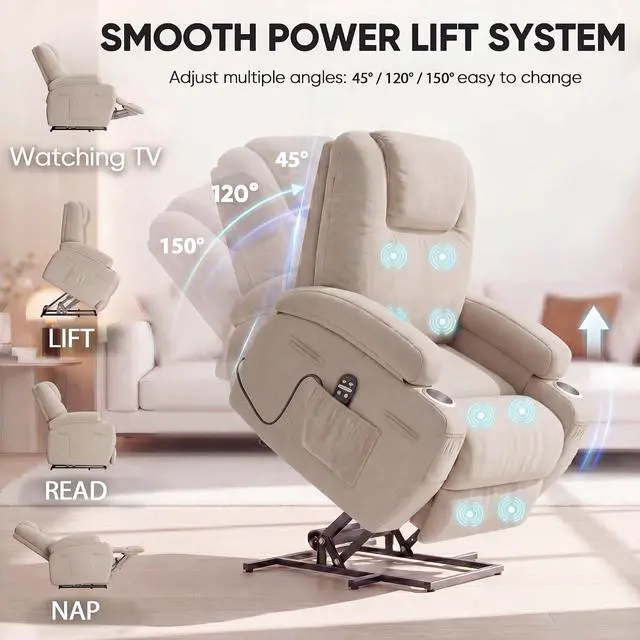 Alt view image 4 of 7 - Power Lift Chair Massage Recliner Chairs for Elderly - Ergonomic Design with Cup Holders & Side Pockets, Remote Control (Beige)