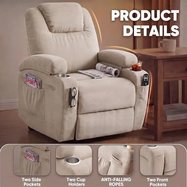 Alt view image 7 of 7 - Power Lift Chair Massage Recliner Chairs for Elderly - Ergonomic Design with Cup Holders & Side Pockets, Remote Control (Beige)