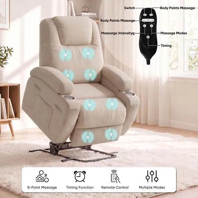 Alt view image 5 of 7 - Power Lift Chair Massage Recliner Chairs for Elderly - Ergonomic Design with Cup Holders & Side Pockets, Remote Control (Beige)