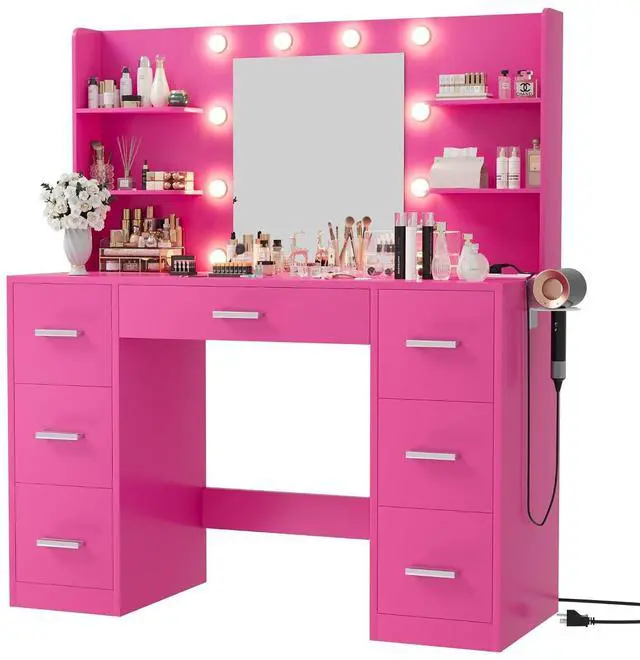Main image of Vanity Desk with Mirror, LED Lights and Power Outlet Makeup Vanity Table with 7 Drawers and 6 Storage Shelves Dressing Table for Bedroom Dressing Room (Rose Pink)