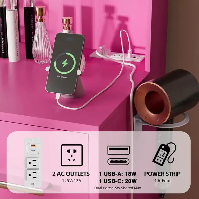 Alt view image 6 of 7 - Vanity Desk with Mirror, LED Lights and Power Outlet Makeup Vanity Table with 7 Drawers and 6 Storage Shelves Dressing Table for Bedroom Dressing Room (Rose Pink)