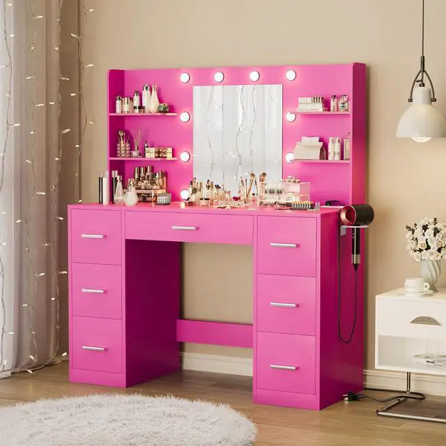 Alt view image 2 of 7 - Vanity Desk with Mirror, LED Lights and Power Outlet Makeup Vanity Table with 7 Drawers and 6 Storage Shelves Dressing Table for Bedroom Dressing Room (Rose Pink)
