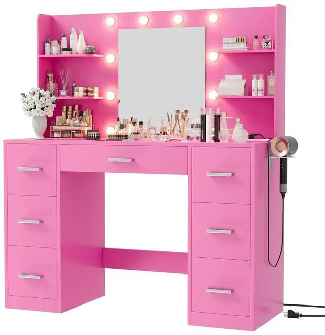 Main image of Vanity Desk with Mirror, LED Lights and Power Outlet Makeup Vanity Table with 7 Drawers and 6 Storage Shelves Dressing Table for Bedroom Dressing Room (Pink)