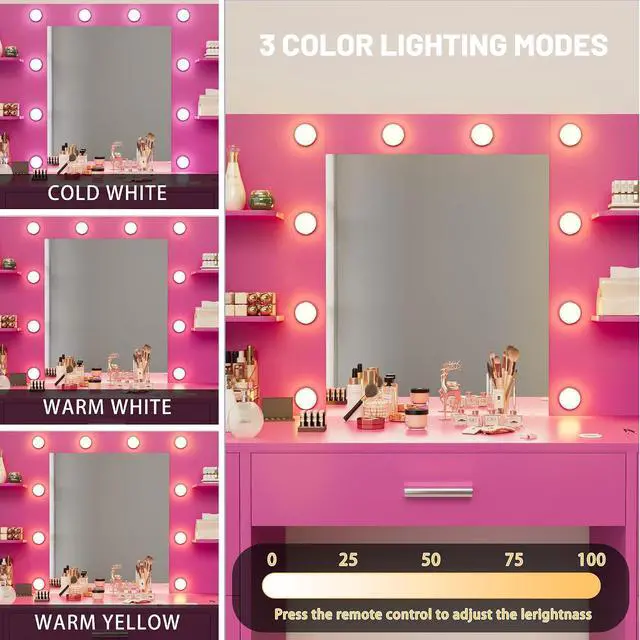 Alt view image 3 of 7 - Vanity Desk with Mirror, LED Lights and Power Outlet Makeup Vanity Table with 7 Drawers and 6 Storage Shelves Dressing Table for Bedroom Dressing Room (Rose Pink)