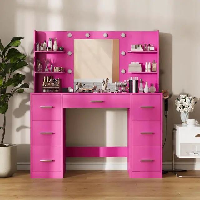 Alt view image 4 of 7 - Vanity Desk with Mirror, LED Lights and Power Outlet Makeup Vanity Table with 7 Drawers and 6 Storage Shelves Dressing Table for Bedroom Dressing Room (Rose Pink)
