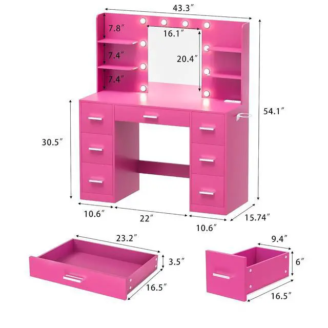 Alt view image 7 of 7 - Vanity Desk with Mirror, LED Lights and Power Outlet Makeup Vanity Table with 7 Drawers and 6 Storage Shelves Dressing Table for Bedroom Dressing Room (Rose Pink)