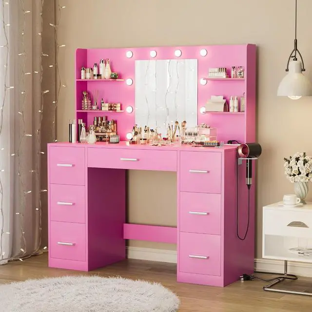 Alt view image 2 of 7 - Vanity Desk with Mirror, LED Lights and Power Outlet Makeup Vanity Table with 7 Drawers and 6 Storage Shelves Dressing Table for Bedroom Dressing Room (Pink)