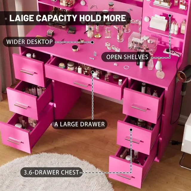 Alt view image 5 of 7 - Vanity Desk with Mirror, LED Lights and Power Outlet Makeup Vanity Table with 7 Drawers and 6 Storage Shelves Dressing Table for Bedroom Dressing Room (Rose Pink)