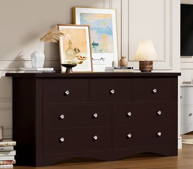 Main image of Dresser for Bedroom, 7 Drawer Dresser, Wood Dressers, Wide Chest of Drawer, Storage Drawers, Black Storage Organizer for Closet, Hallway (Brown)