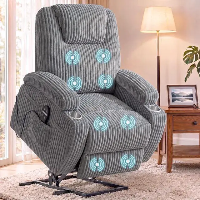 Main image of Power Lift Chair Massage Recliner Chairs for Elderly, Corduroy Ergonomic Design with Cup Holders & Side Pockets, Remote Control (Dark Gray)