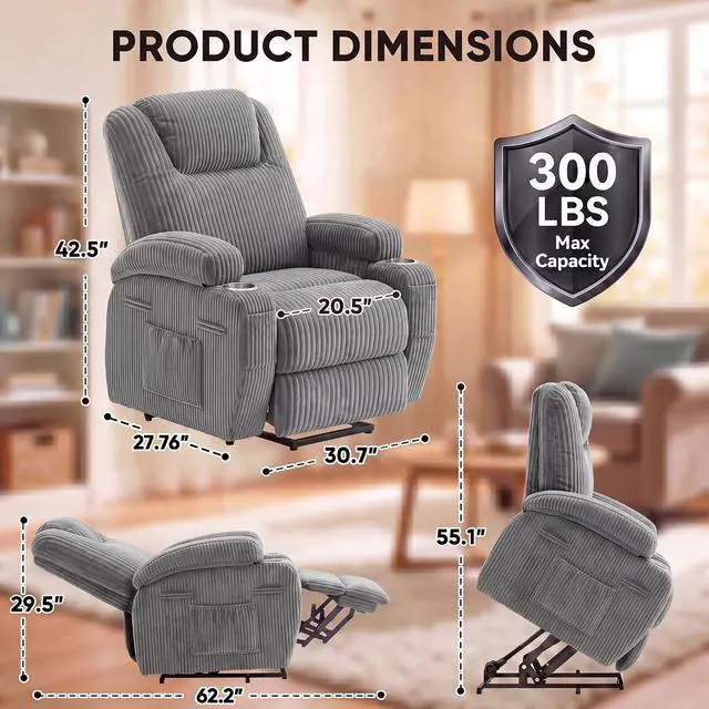 Alt view image 2 of 7 - Power Lift Chair Massage Recliner Chairs for Elderly, Corduroy Ergonomic Design with Cup Holders & Side Pockets, Remote Control (Dark Gray)