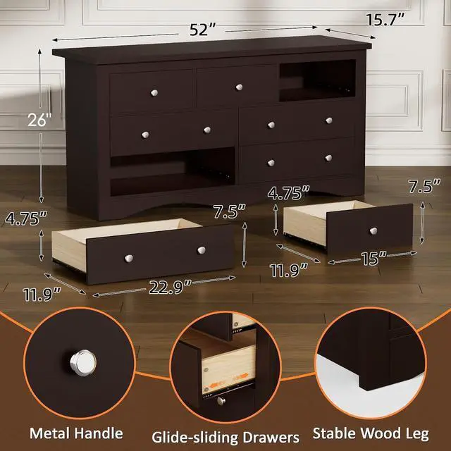 Alt view image 2 of 7 - Dresser for Bedroom, 7 Drawer Dresser, Wood Dressers, Wide Chest of Drawer, Storage Drawers, Black Storage Organizer for Closet, Hallway (Brown)