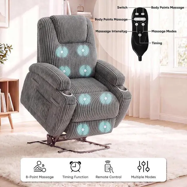 Alt view image 5 of 7 - Power Lift Chair Massage Recliner Chairs for Elderly, Corduroy Ergonomic Design with Cup Holders & Side Pockets, Remote Control (Dark Gray)