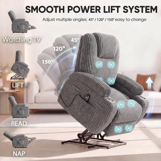 Alt view image 4 of 7 - Power Lift Chair Massage Recliner Chairs for Elderly, Corduroy Ergonomic Design with Cup Holders & Side Pockets, Remote Control (Dark Gray)