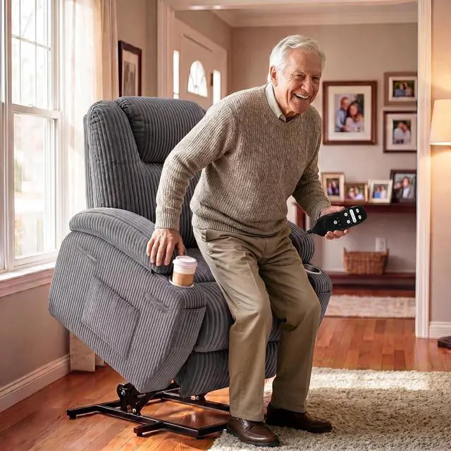 Alt view image 3 of 7 - Power Lift Chair Massage Recliner Chairs for Elderly, Corduroy Ergonomic Design with Cup Holders & Side Pockets, Remote Control (Dark Gray)