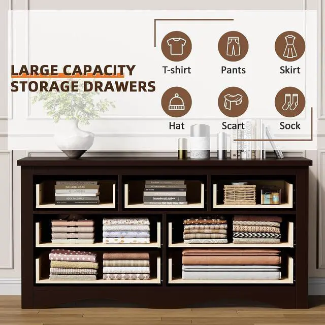Alt view image 4 of 7 - Dresser for Bedroom, 7 Drawer Dresser, Wood Dressers, Wide Chest of Drawer, Storage Drawers, Black Storage Organizer for Closet, Hallway (Brown)