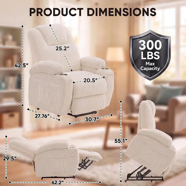 Alt view image 2 of 7 - Power Lift Chair Massage Recliner Chairs for Elderly, Corduroy Ergonomic Design with Cup Holders & Side Pockets, Remote Control (White)