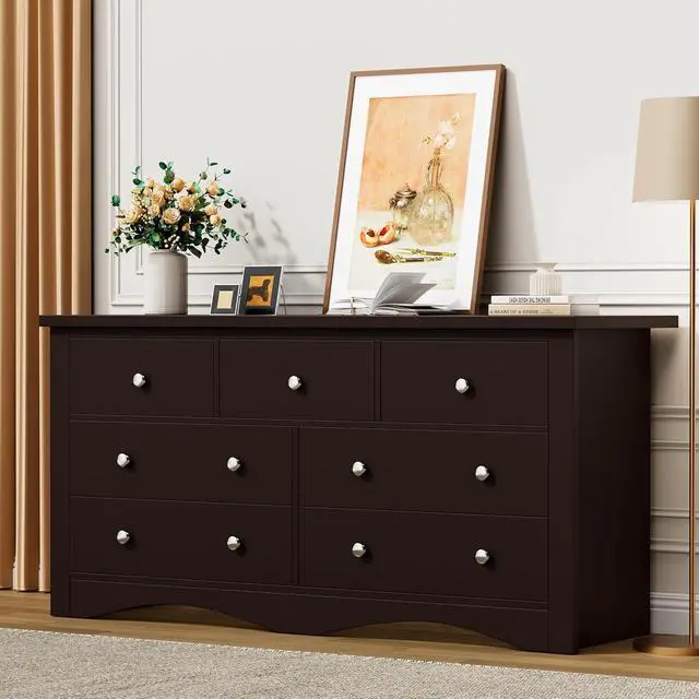 Alt view image 6 of 7 - Dresser for Bedroom, 7 Drawer Dresser, Wood Dressers, Wide Chest of Drawer, Storage Drawers, Black Storage Organizer for Closet, Hallway (Brown)