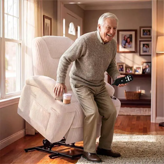 Alt view image 3 of 7 - Power Lift Chair Massage Recliner Chairs for Elderly, Corduroy Ergonomic Design with Cup Holders & Side Pockets, Remote Control (White)