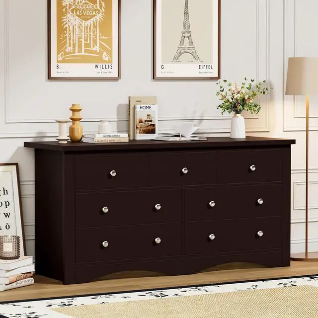 Alt view image 5 of 7 - Dresser for Bedroom, 7 Drawer Dresser, Wood Dressers, Wide Chest of Drawer, Storage Drawers, Black Storage Organizer for Closet, Hallway (Brown)