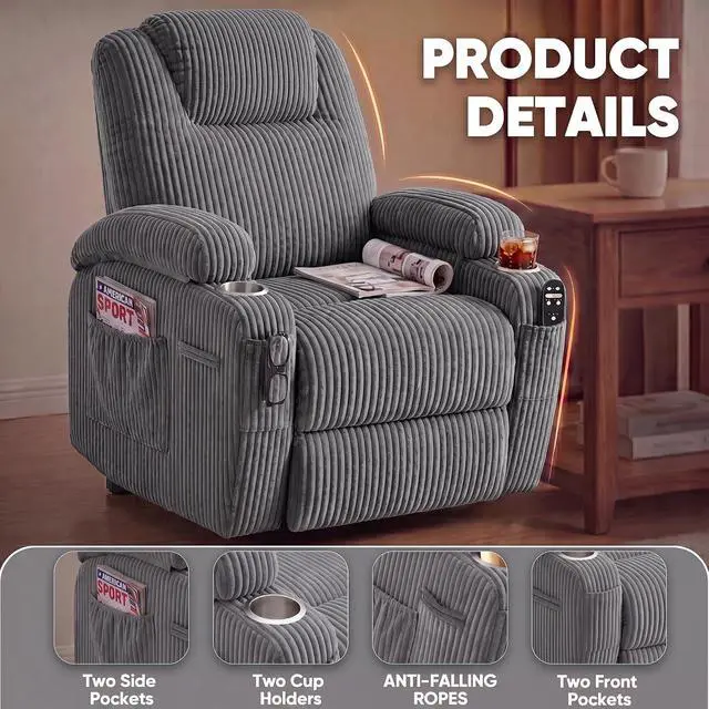 Alt view image 7 of 7 - Power Lift Chair Massage Recliner Chairs for Elderly, Corduroy Ergonomic Design with Cup Holders & Side Pockets, Remote Control (Dark Gray)